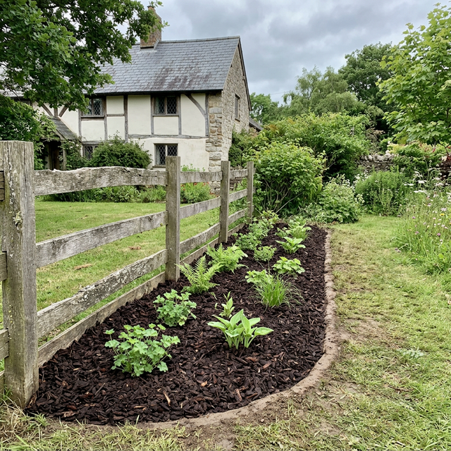 Malu akcenti ar mulču gar sētu